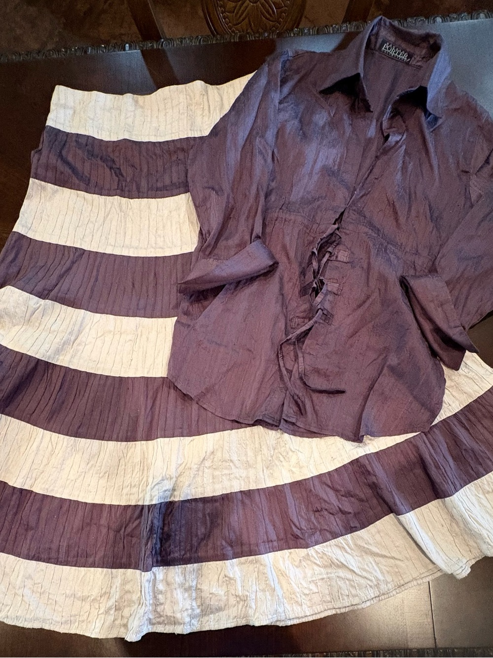 Two Piece Set Striped Brown and Cream A-Line Maxi Skirt with Matching Brown Top